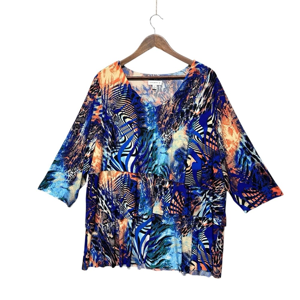 Susan Graver Liquid Knit Top Women's Plus Size 1X V Neck Stretch 3/4 Sleeve Tier